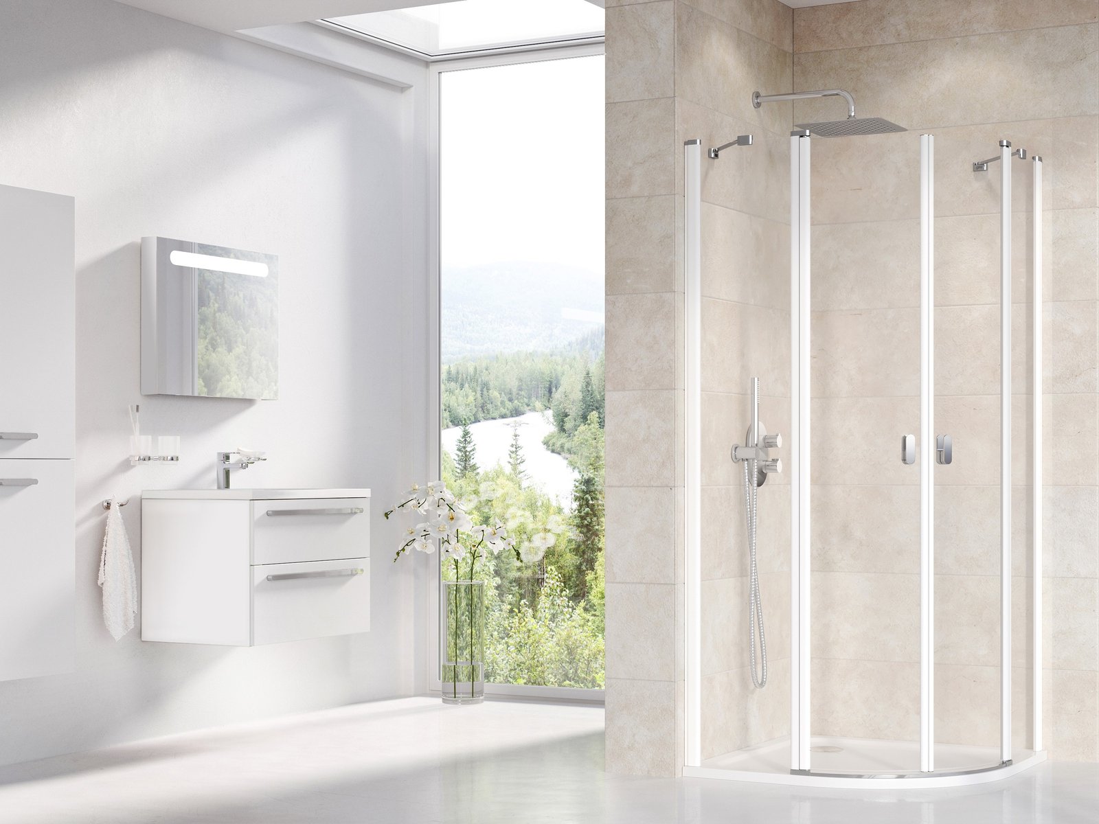 Ravak Chrome Dusche 80x80 cm halbrund weiß Glanz/durchsichtiges Glas 3Q140100Z1