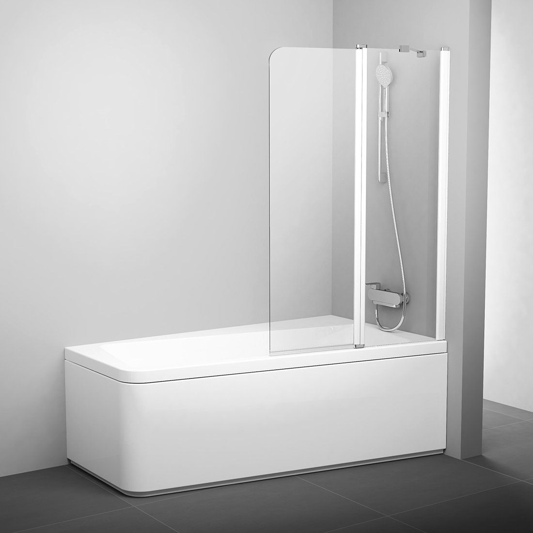 Ravak 10° Badewannenabtrennung 99 cm zweigeteilt weiß Glanz/durchsichtiges Glas 7QRA0103Z1
