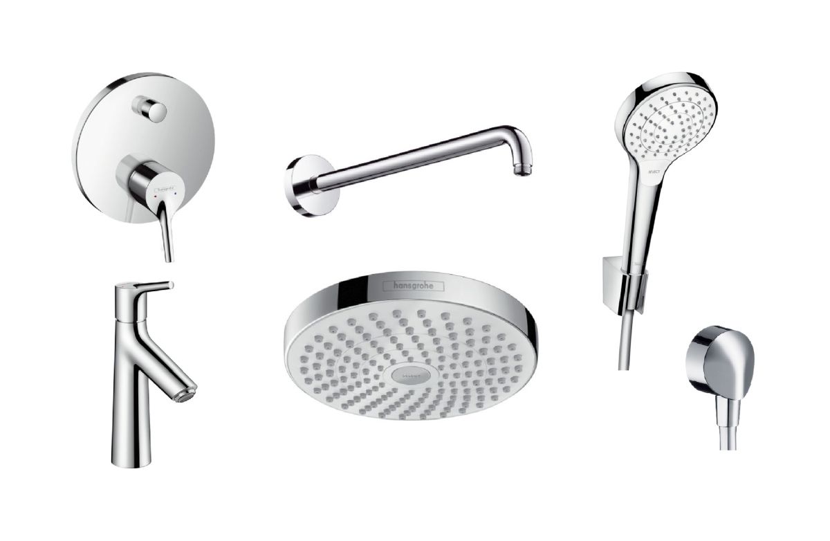 Set Kopfbrause Hansgrohe Select 26522400, Badewannen- und Duscharmatur Hansgrohe Talis S 72405000, 72021000, 27413000, 26421400, 27454000