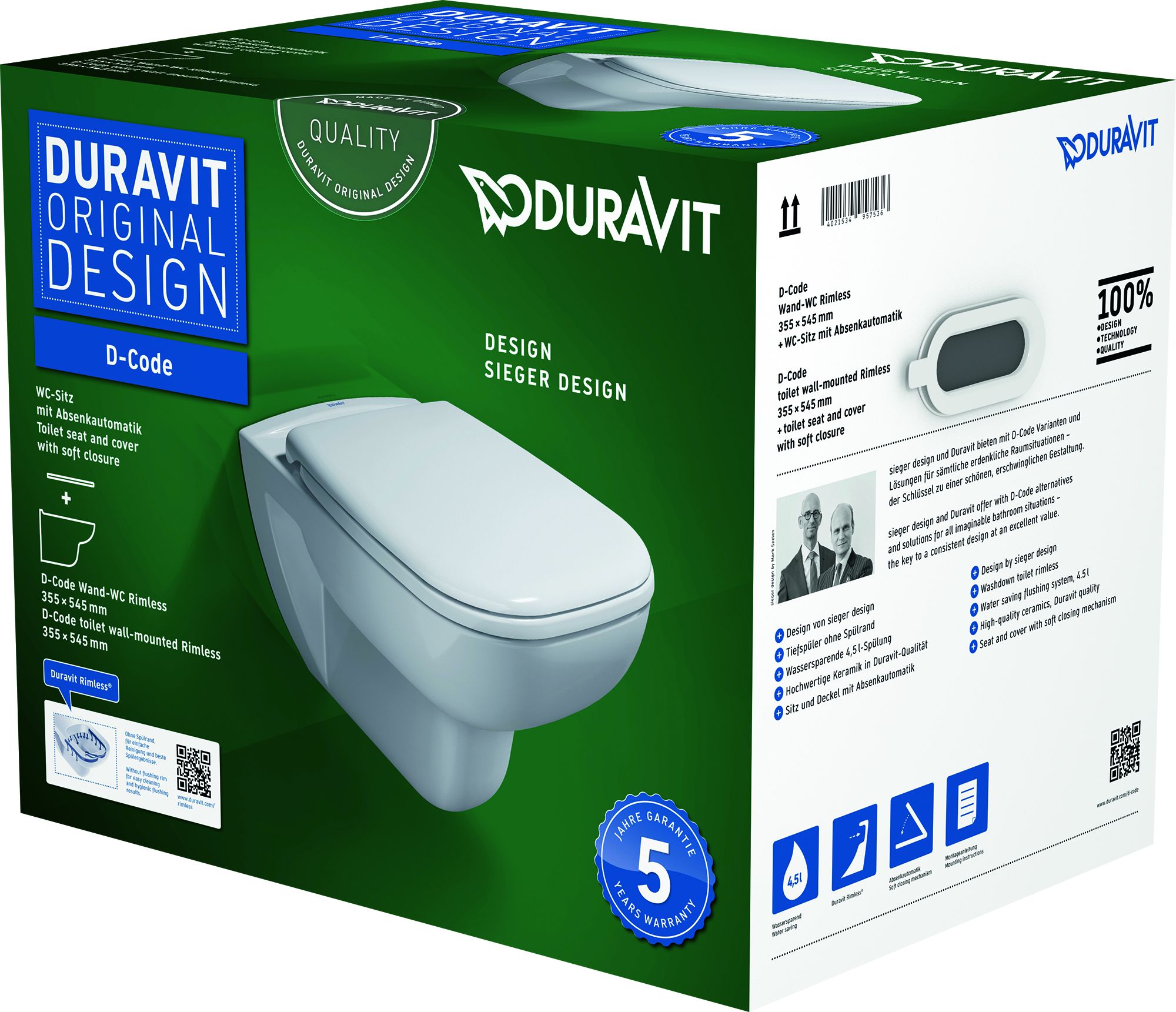 Duravit D-Code WC-Becken mit Absenkautomatik-Sitz hängend Spülrandlos weiß 45700900A1