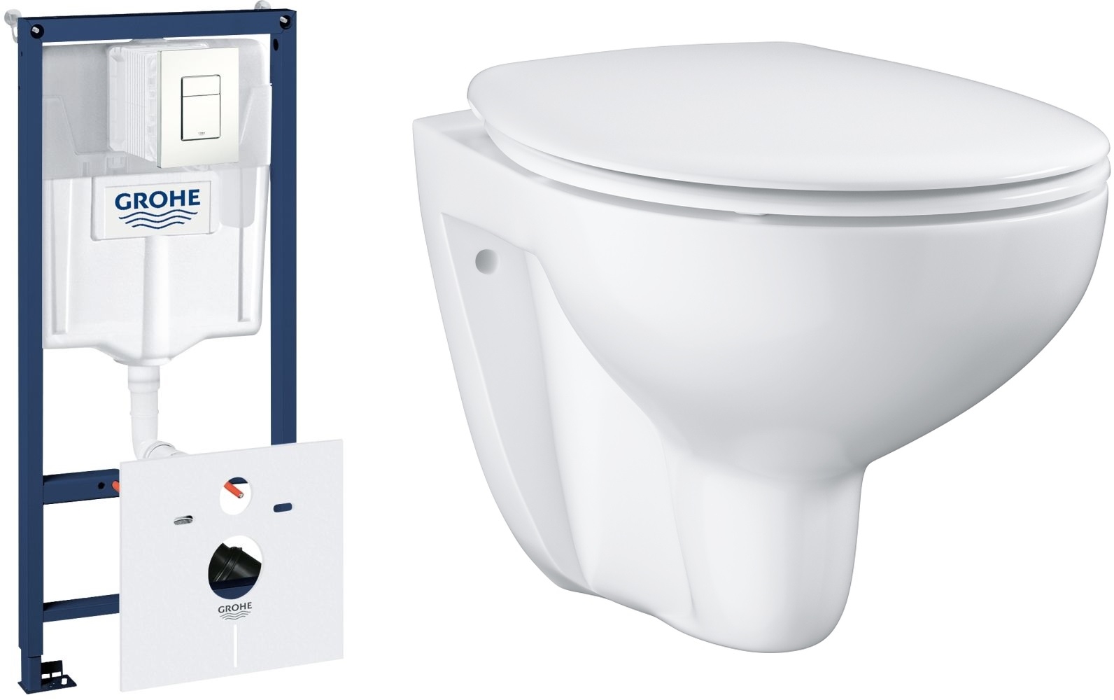 Set Verdeckter Rahmen mit Betätigungsplatte Grohe Rapid SL 39448000, WC-Becken mit Absenkautomatik-Sitz Grohe Bau Ceramic 39351000