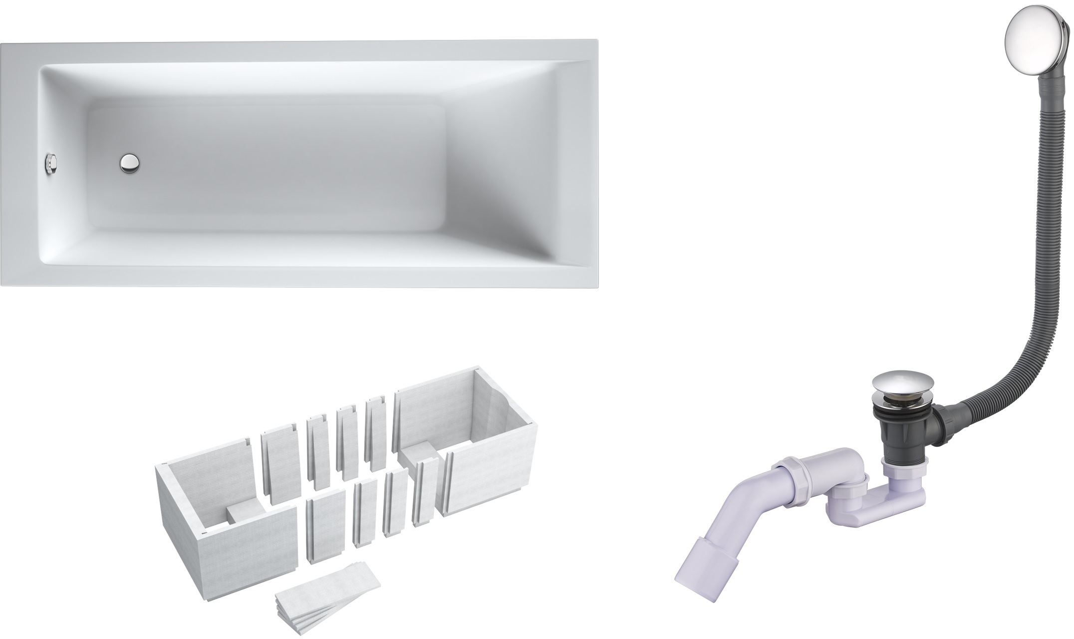 Set Rechteckige Badewanne Oltens Langfoss 10003000, Badewannenverkleidung Schedpol Stabilsound 1.028-LED, 03002100