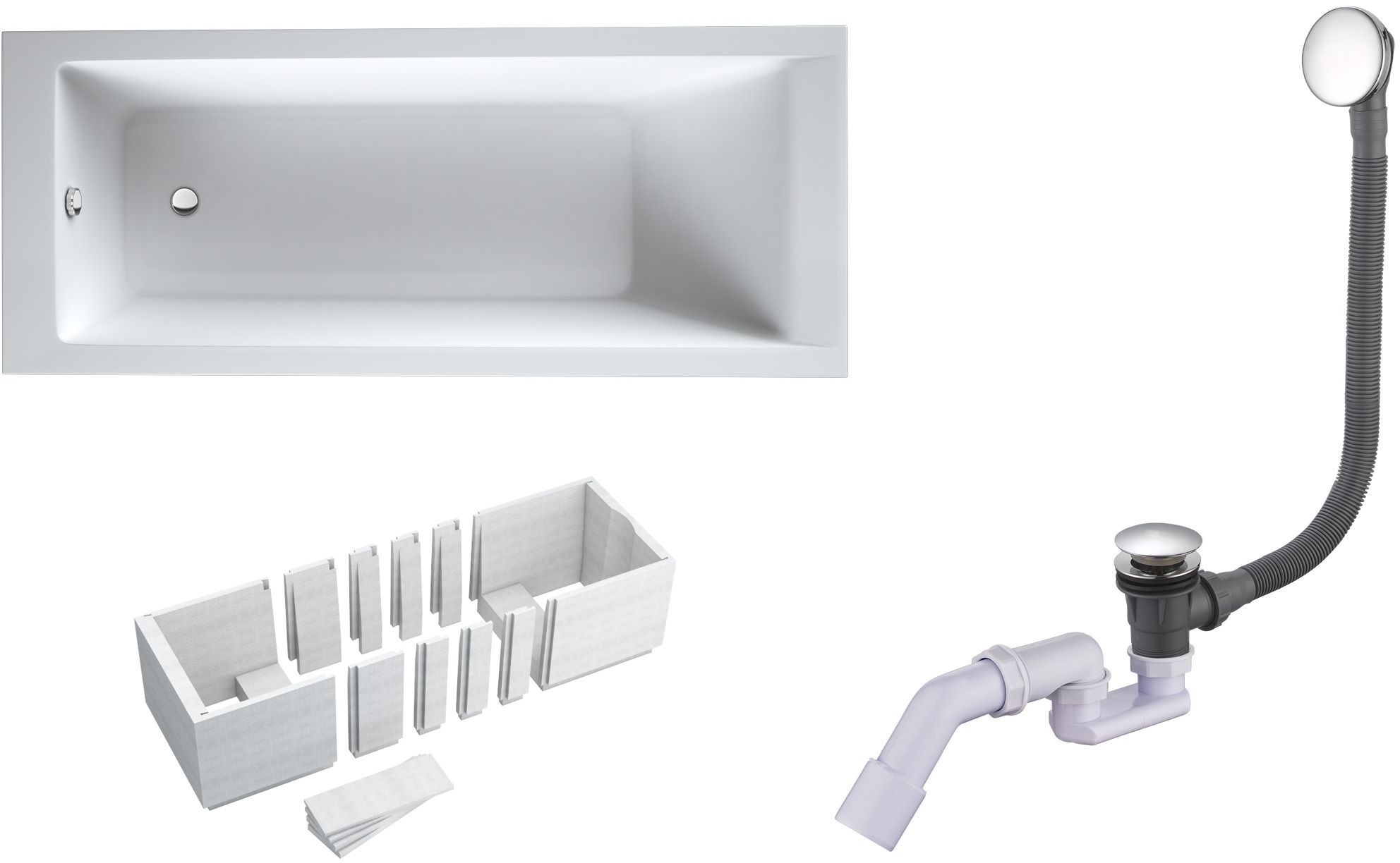 Set Rechteckige Badewanne Oltens Langfoss 10004000, Badewannenverkleidung Schedpol Stabilsound 1.028-LED, 03002100