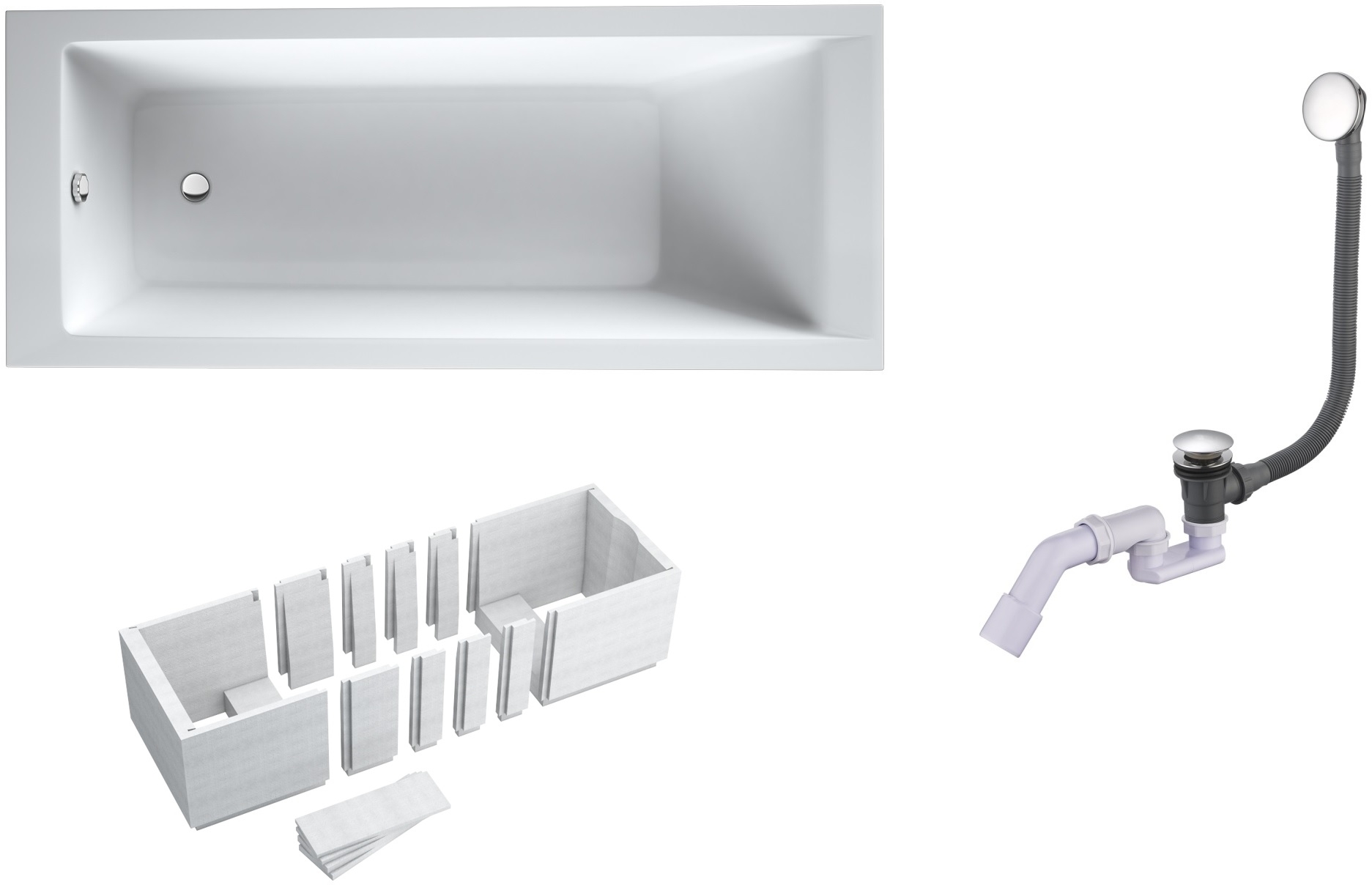 Set Rechteckige Badewanne Oltens Langfoss 10002000, Badewannenverkleidung Schedpol Stabilsound 1.028-LED, 03002100