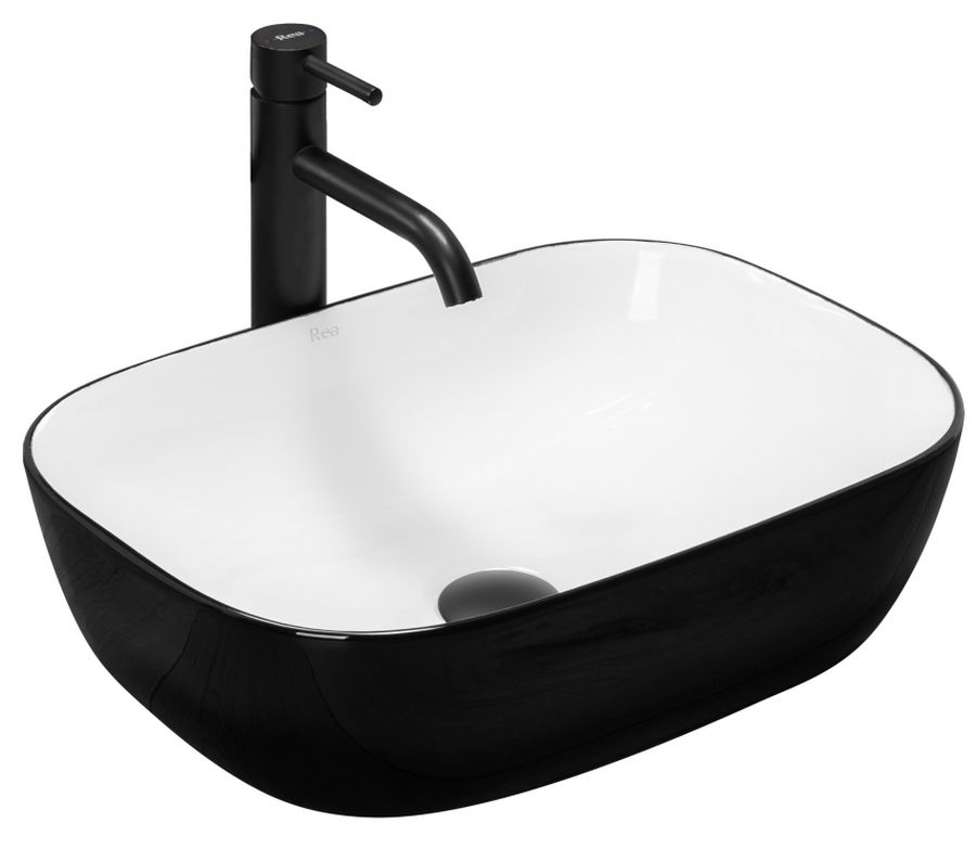 Rea Belinda Slim Waschbecken 46.5x33 cm rechteckig Aufsatzwaschbecken weiß-schwarz REA-U6332