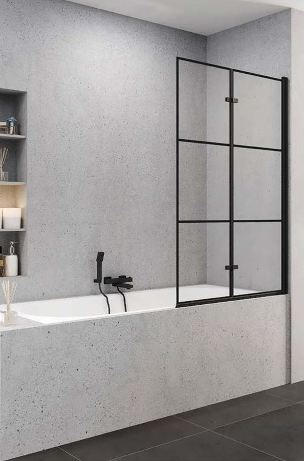 New Trendy Superia Black Badewannenabtrennung 100 cm zweigeteilt schwarz Matte/durchsichtiges Glas P-0055