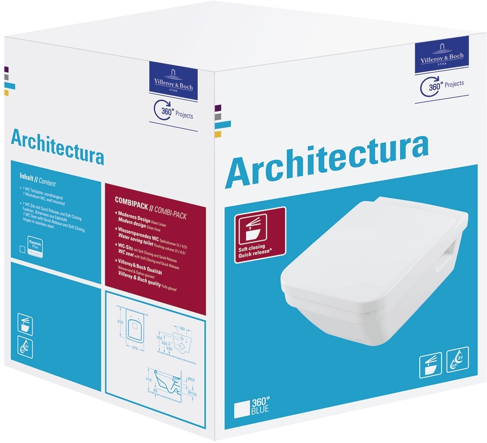 Villeroy & Boch Architectura Kombi-Pack mit WC-Sitz hängend Spülrandlos weiß 5685HRR1