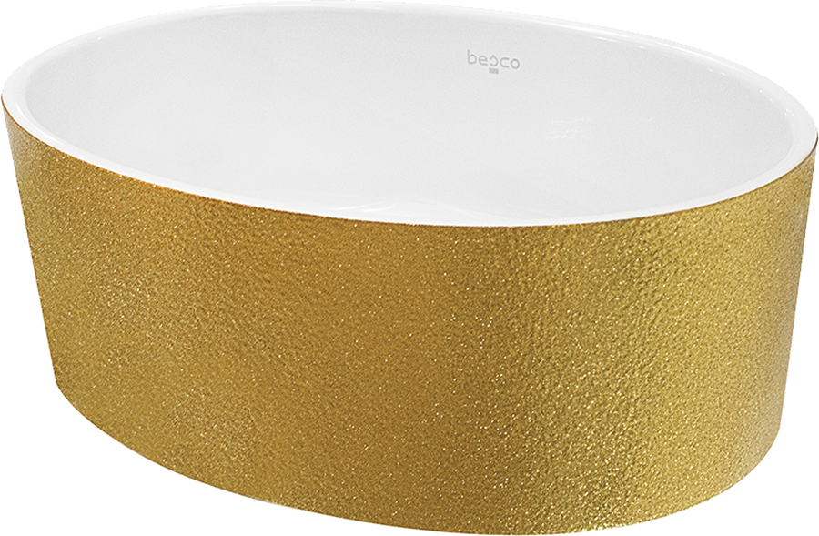 Besco Uniqa Waschbecken 46x32 cm oval Aufsatzwaschbecken weiß-gold #UMD-U-NGZ