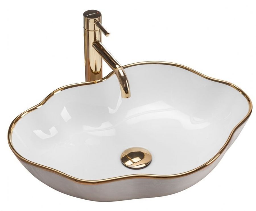 Rea Pearl Waschbecken 51.5x37.5 cm Aufsatzwaschbecken weiß-gold REA-U0696
