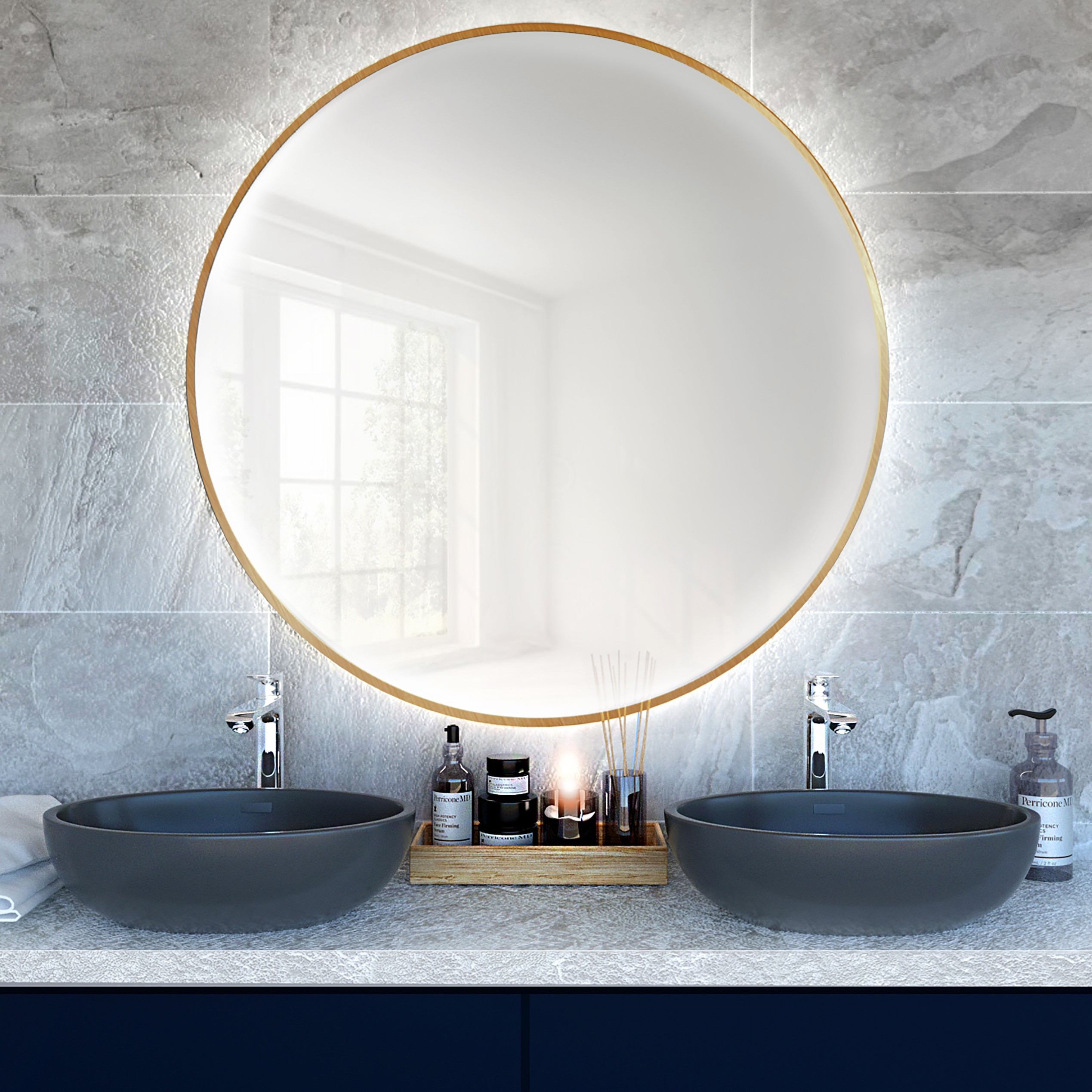 Baltica Design Bright Spiegel 80x80 cm rund mit Beleuchtung gold 5904107900339