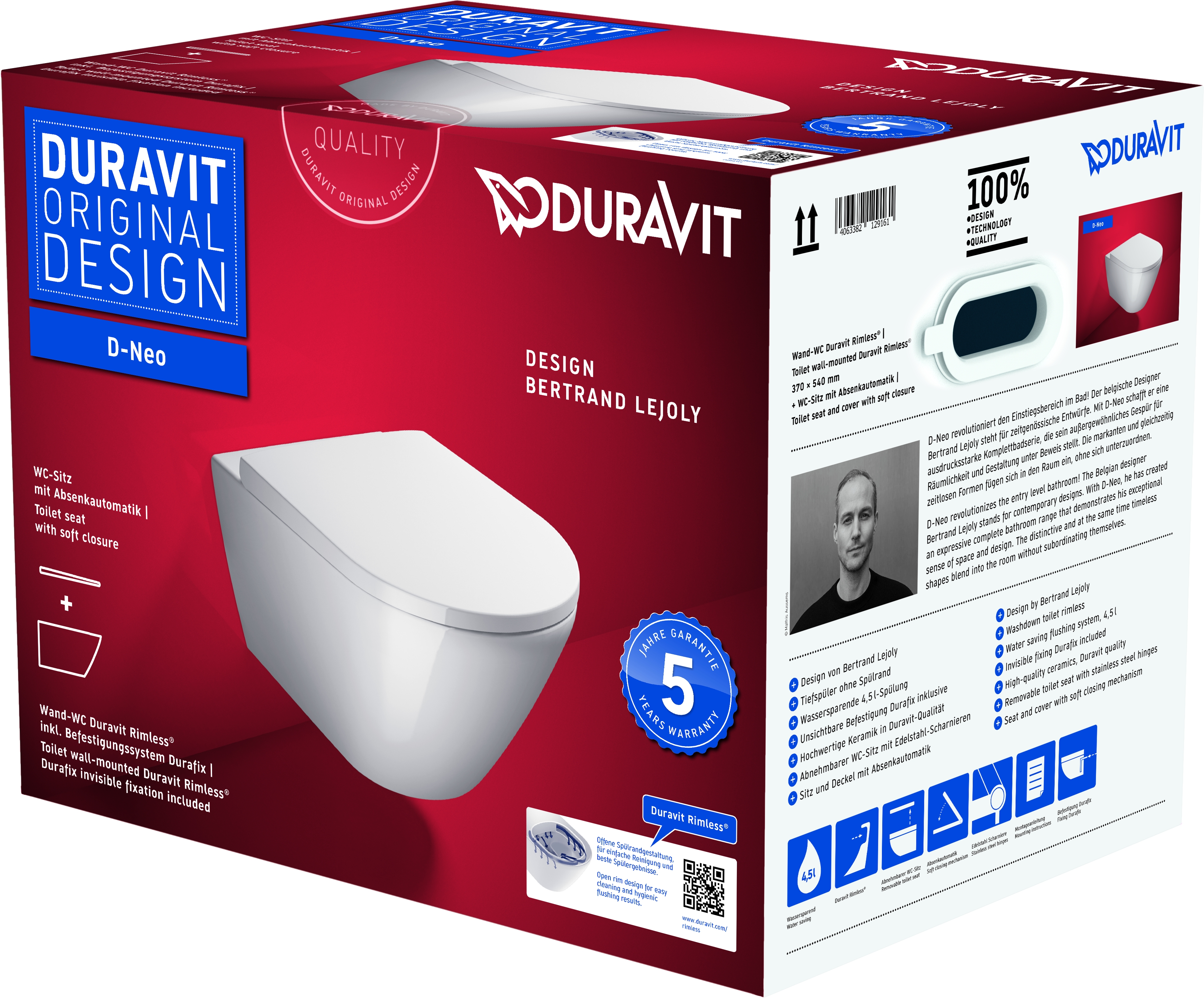 Duravit D-Neo WC-Becken mit Absenkautomatik-Sitz hängend Spülrandlos weiß 45770900A1
