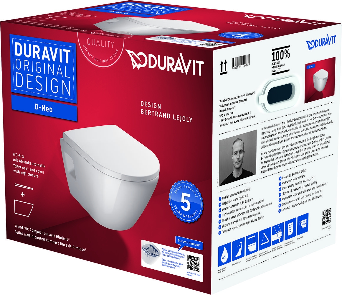 Duravit D-Neo WC-Becken mit Absenkautomatik-Sitz hängend Spülrandlos weiß 45870900A1