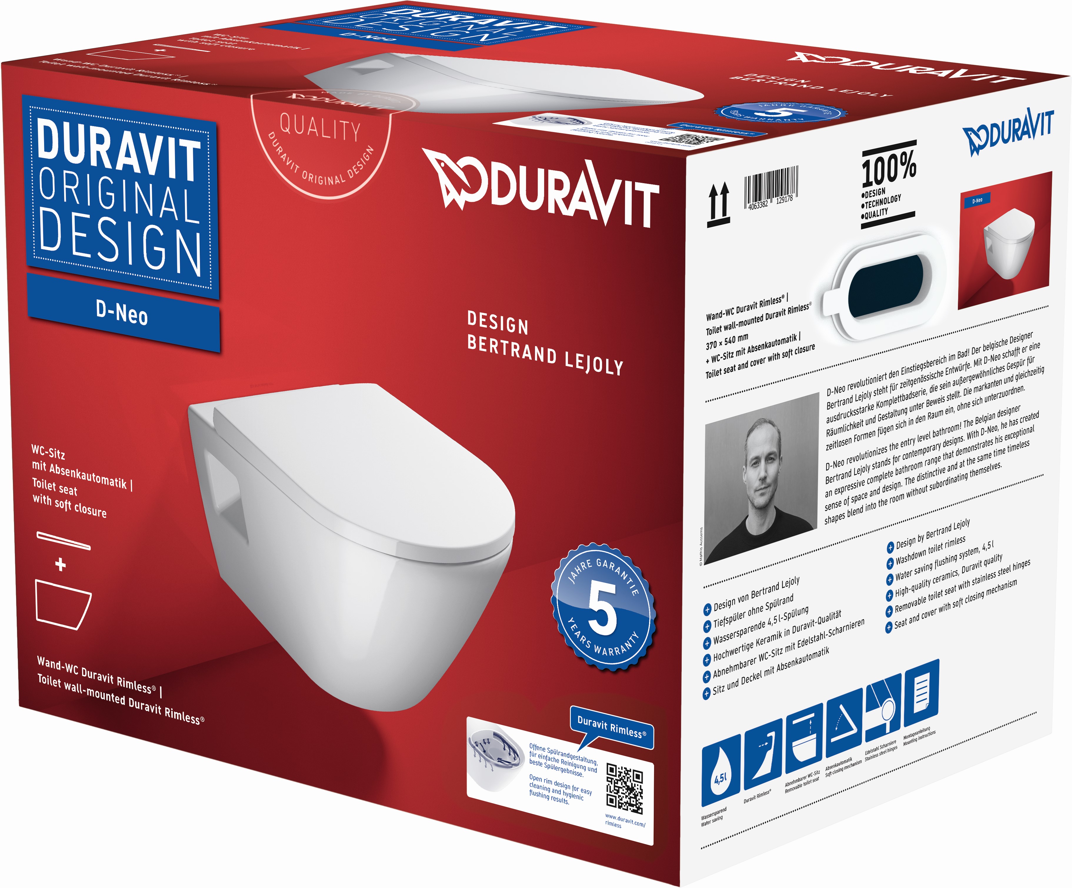 Duravit D-Neo WC-Becken mit Absenkautomatik-Sitz hängend Spülrandlos weiß 45780900A1