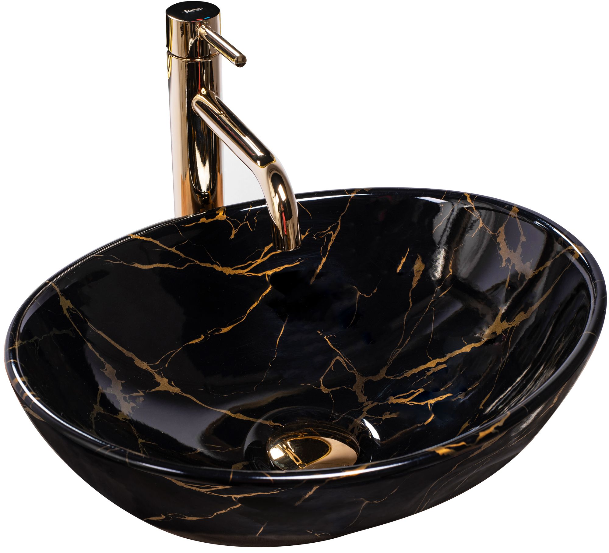 Rea Sofia Marble Waschbecken 41x34.5 cm oval Aufsatzwaschbecken schwarz-gold REA-U5611
