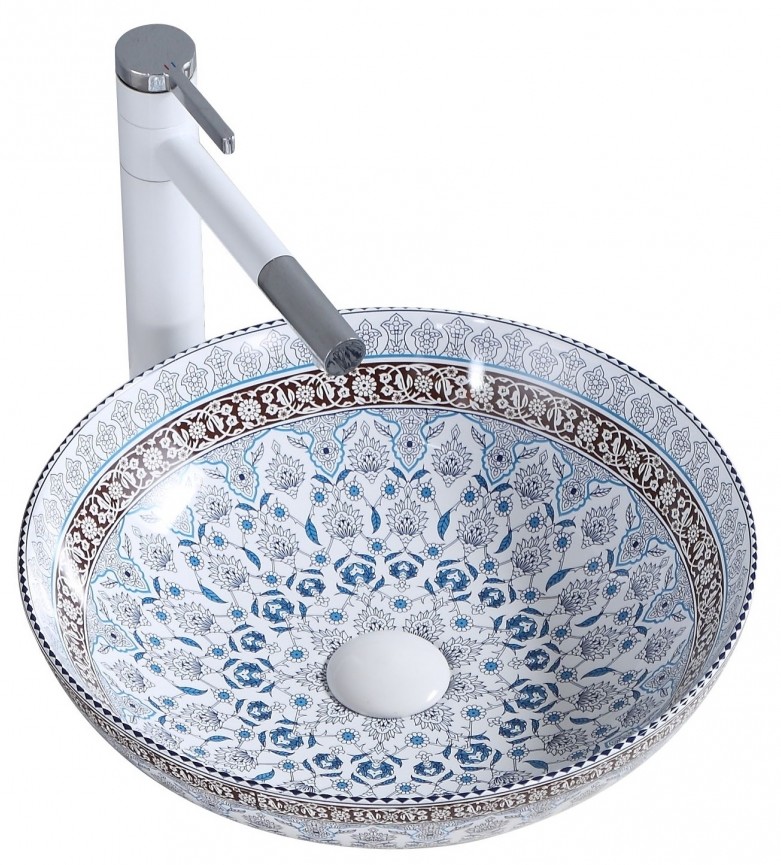 Rea Arte Waschbecken 40x40 cm rund Aufsatzwaschbecken weiß-blau REA-U0267