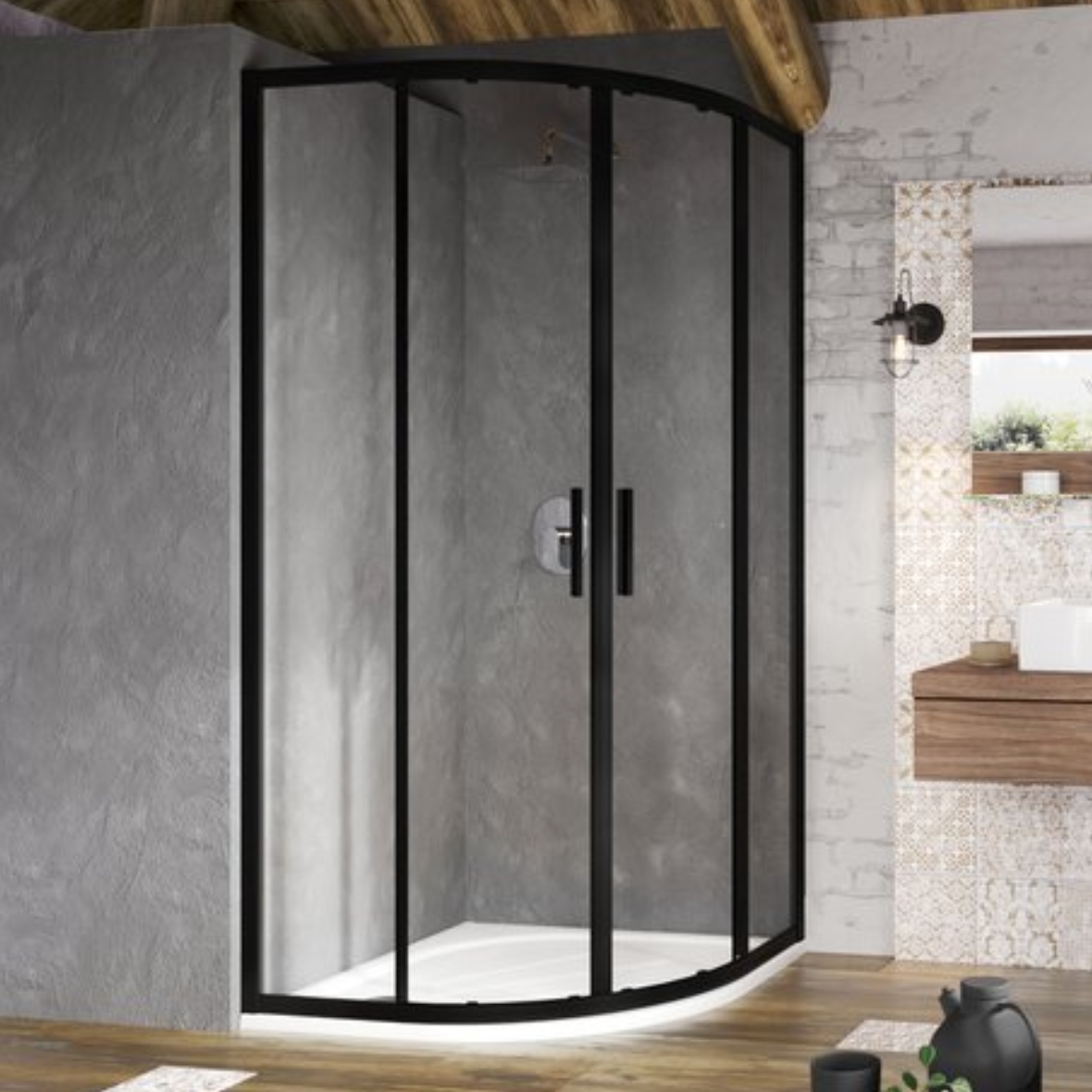 Ravak Blix Slim Dusche 90x90 cm halbrund schwarz Matte/durchsichtiges Glas X3BM70300Z1