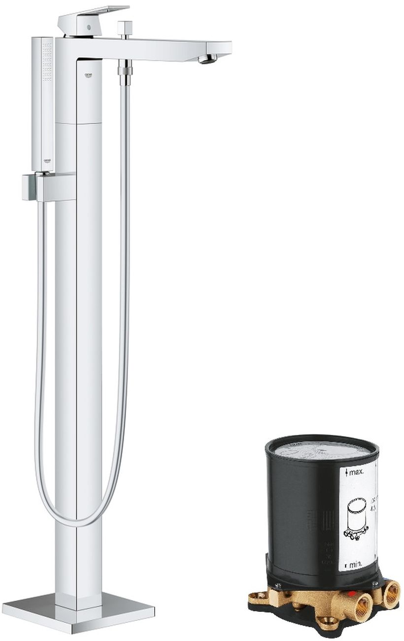 Set Badewannen- und Duscharmatur Grohe Eurocube 23672001, Bodenbefestigungselement Grohe 45984001