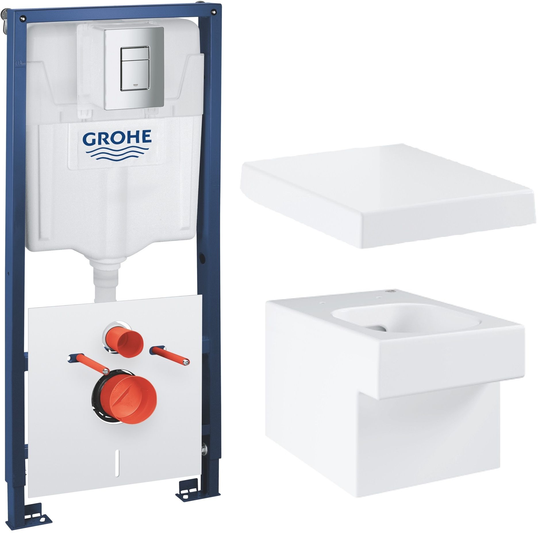 Set WC-Becken Grohe Cube Ceramic 3924500H, Unterputzrahmen mit Knopf und Dichtung Grohe Solido 39930000, 39488000