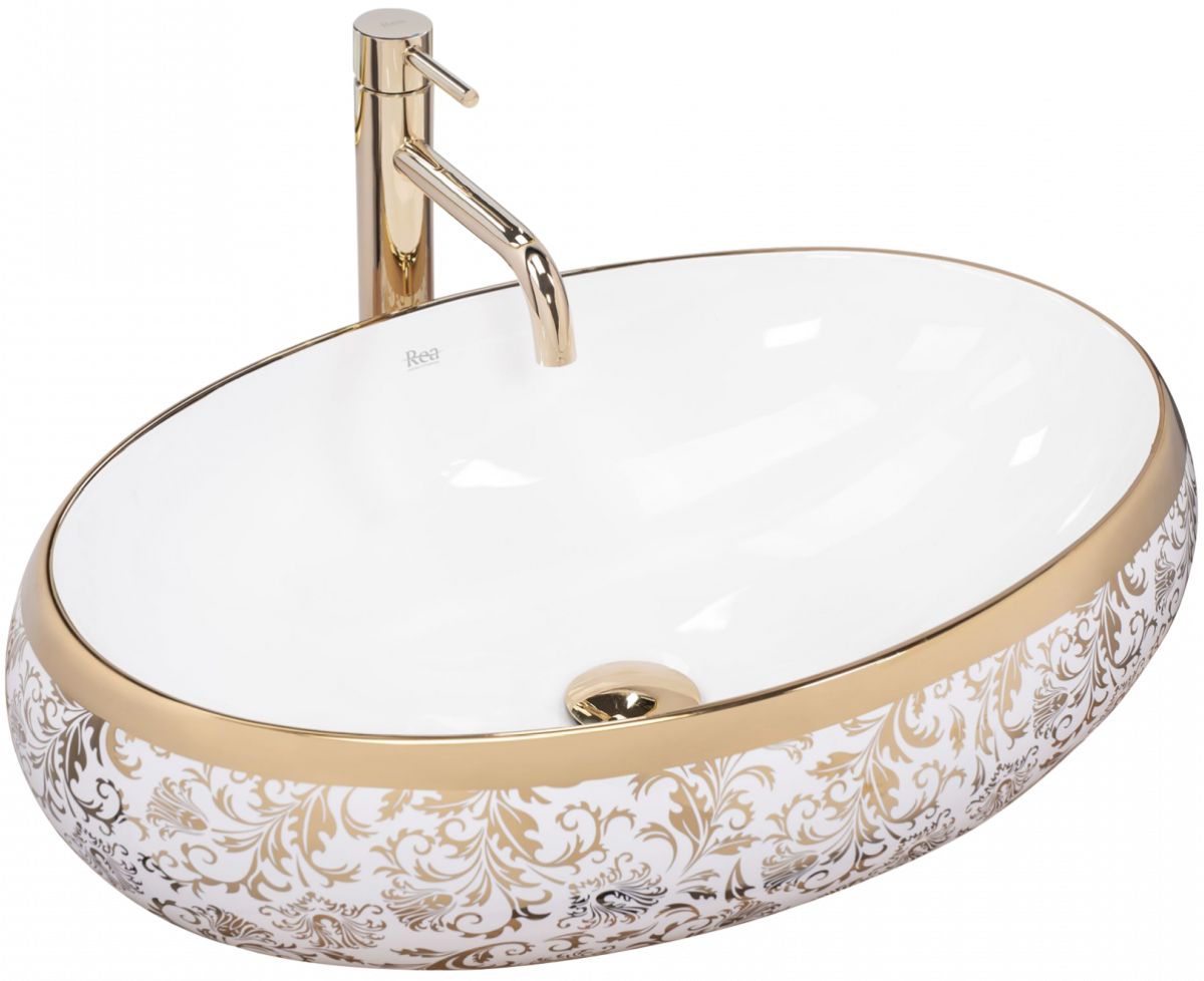 Rea Meryl Waschbecken 60x40.5 cm oval Aufsatzwaschbecken weiß-gold REA-U5054