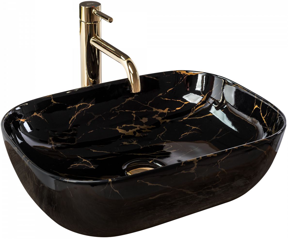 Rea Belinda Waschbecken 46x33 cm rechteckig Aufsatzwaschbecken schwarz-gold REA-U8907
