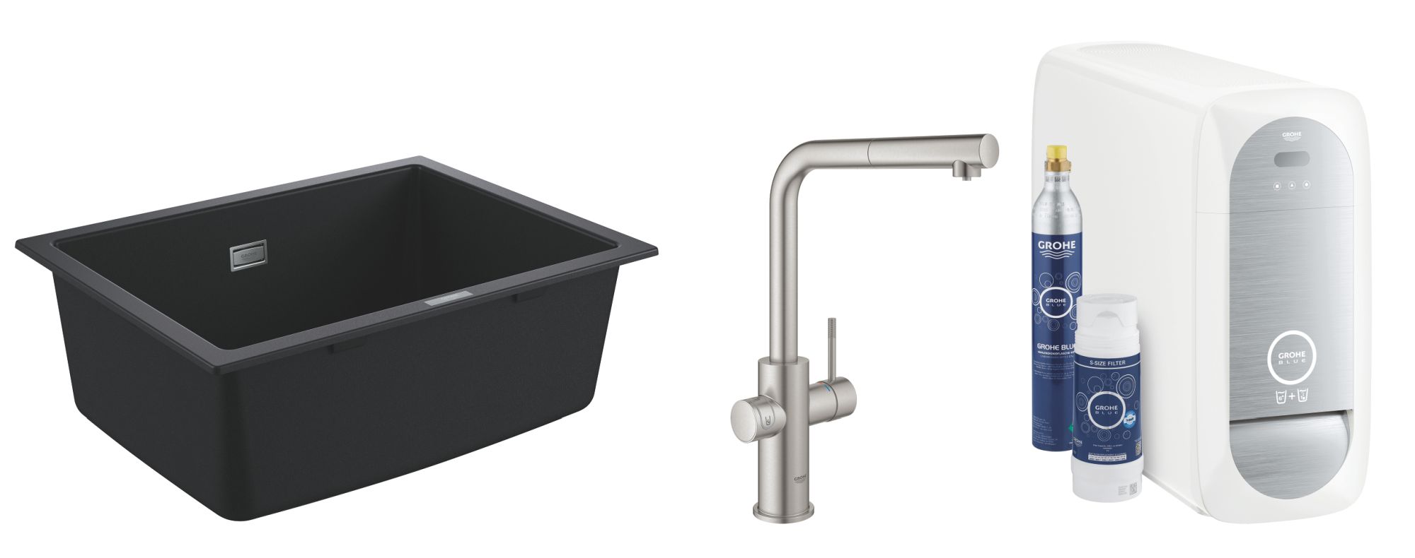 Set Küchenarmatur mit Filter Grohe Blue 31539DC0, Granitspüle Grohe K700 31655AP0