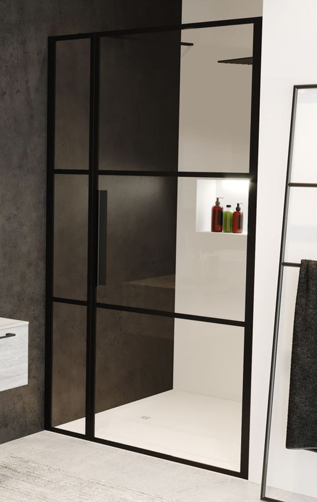 Riho Grid Duschtüren 130 cm aufklappbar schwarz Matte/Glas mit Muster G004006121