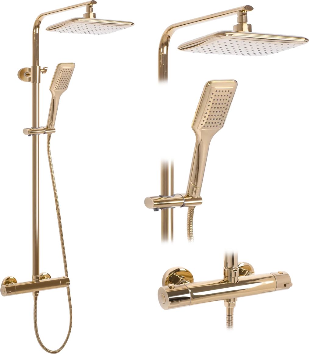 Rea Tom Duschset Wandmontage mit Thermostat mit Regenbrause gold REA-P7102