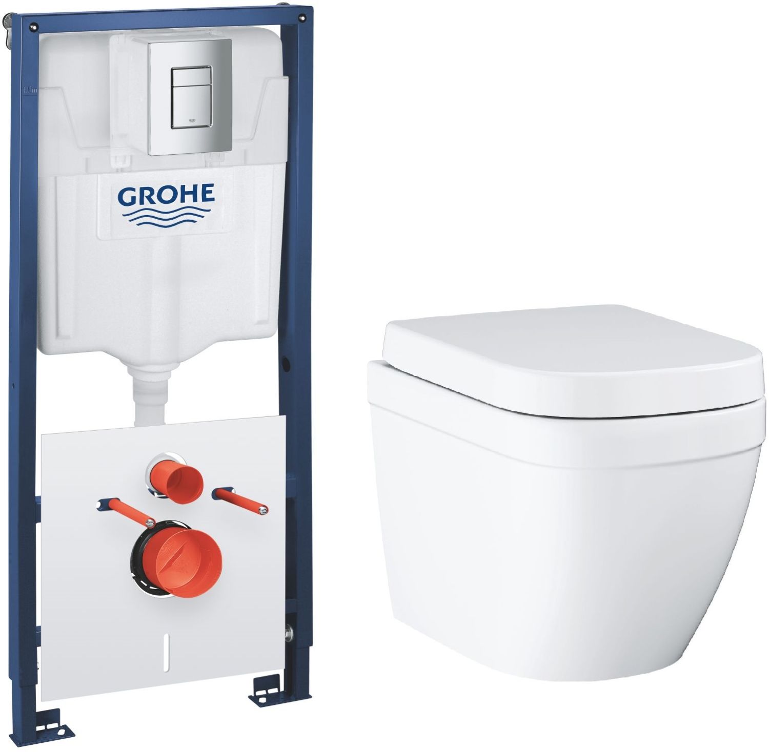 Set WC-Becken mit Absenkautomatik-Sitz Grohe Euro Ceramic 39693000, Unterputzrahmen mit Knopf und Dichtung Grohe Solido 39930000