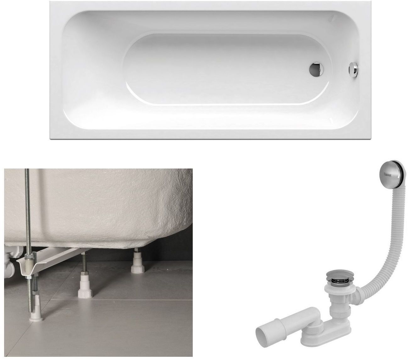 Set Schlanke rechteckige Badewanne Ravak Chrome Slim C721300000, Badewannensiphon Ravak X01377, GPX2240015