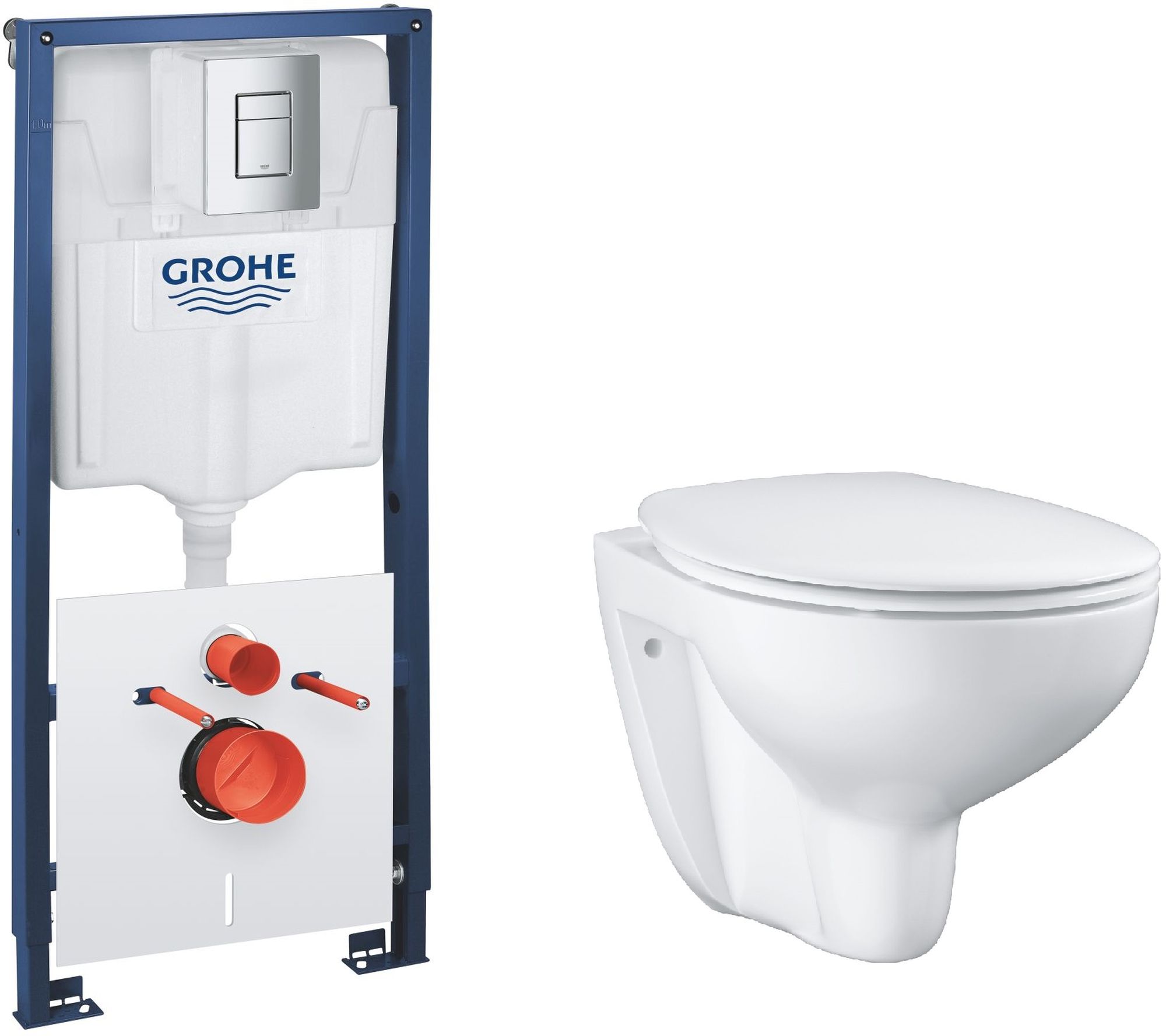Set Unterputzrahmen mit Knopf und Dichtung Grohe Solido 39930000, WC-Becken mit Absenkautomatik-Sitz Grohe Bau Ceramic 39351000