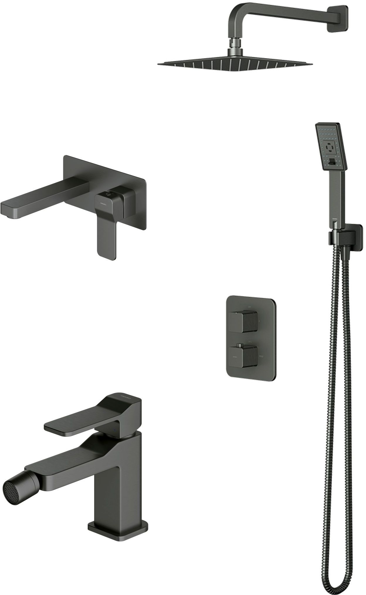 Set Duschset Omnires Slide SYSSL11GR, Waschtischarmatur Omnires Slide SL7715GR, SL7720GR