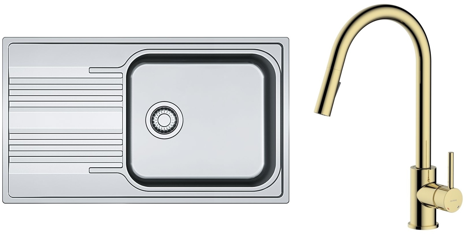 Set Küchenarmatur Oltens Litla 35204800, Stahlspüle Franke Smart 101.0368.324