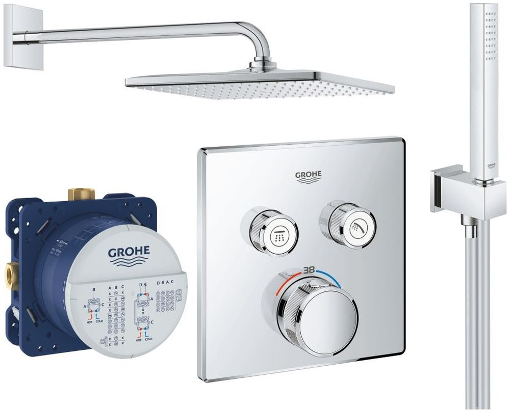 Set Badewannen- und Duscharmatur Grohe Grohtherm SmartControl 29124000, Kopfbrause mit Brausearm Grohe Rainshower 26564000, 26405000, 35600000