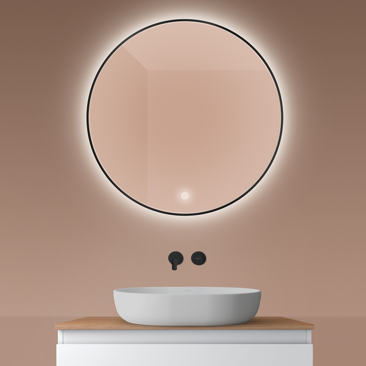 Oltens Nordlis Spiegel 80x80 cm rund mit Beleuchtung mit Spiegelheizung schwarz 64109300