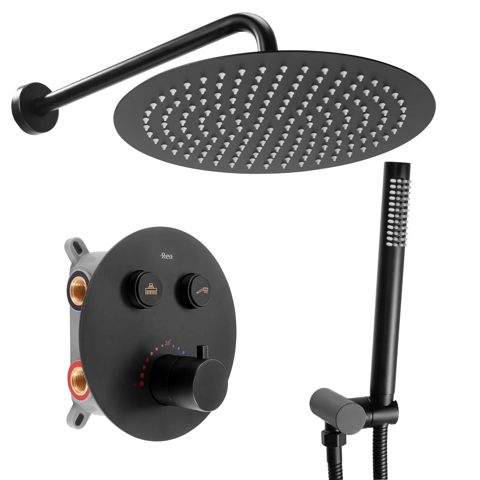 Rea Lungo Duschset Unterputz mit Thermostat mit Kopfbrause schwarz REA-P8549