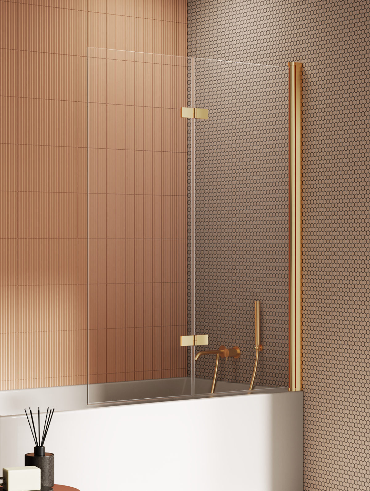 New Trendy New Soleo Badewannenabtrennung 100 cm zweigeteilt gold gebürstet/durchsichtiges Glas P-0174