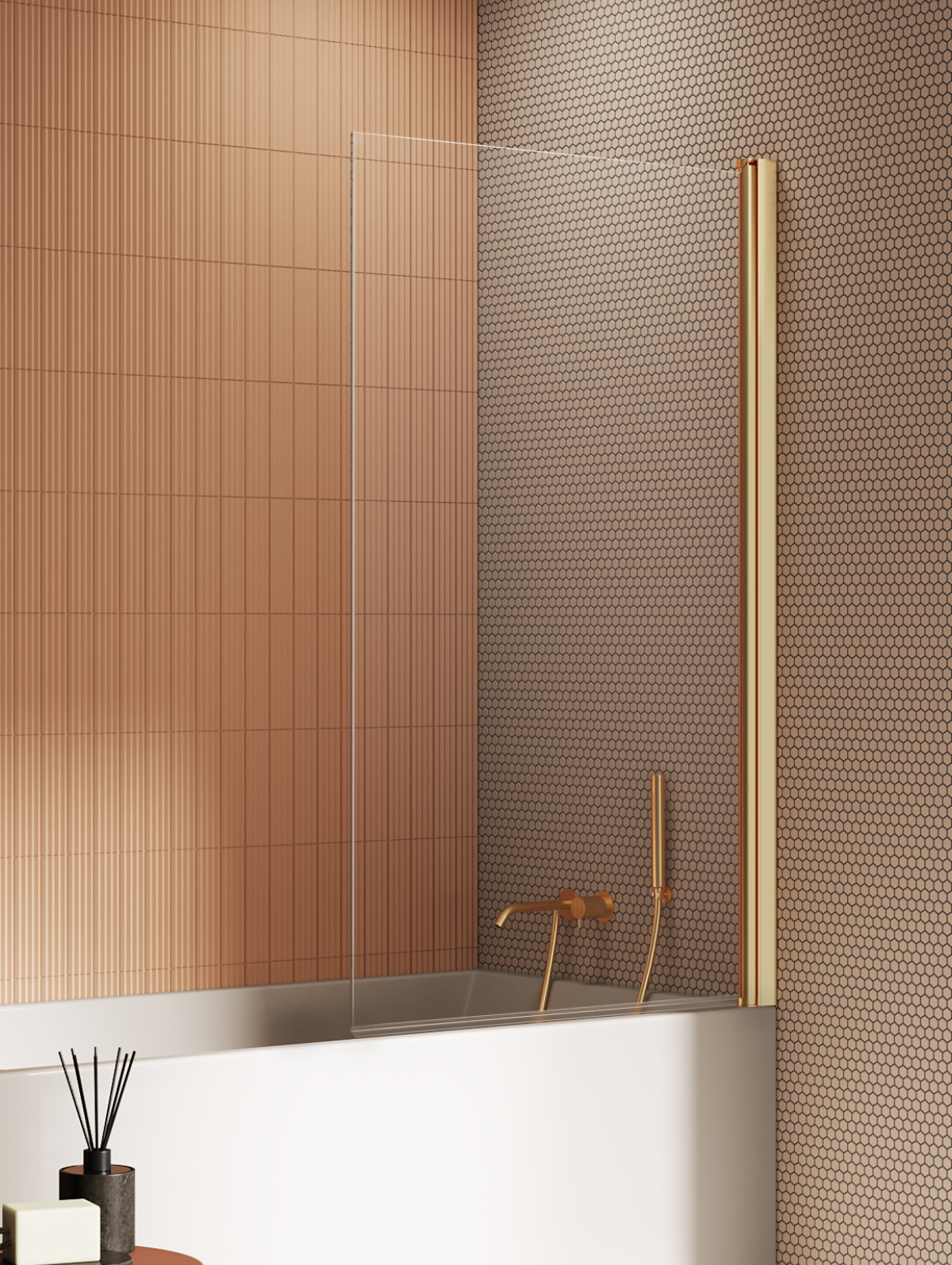 New Trendy New Soleo Gold Brushed Badewannenabtrennung 90 cm einteilig gold gebürstet/durchsichtiges Glas P-0172