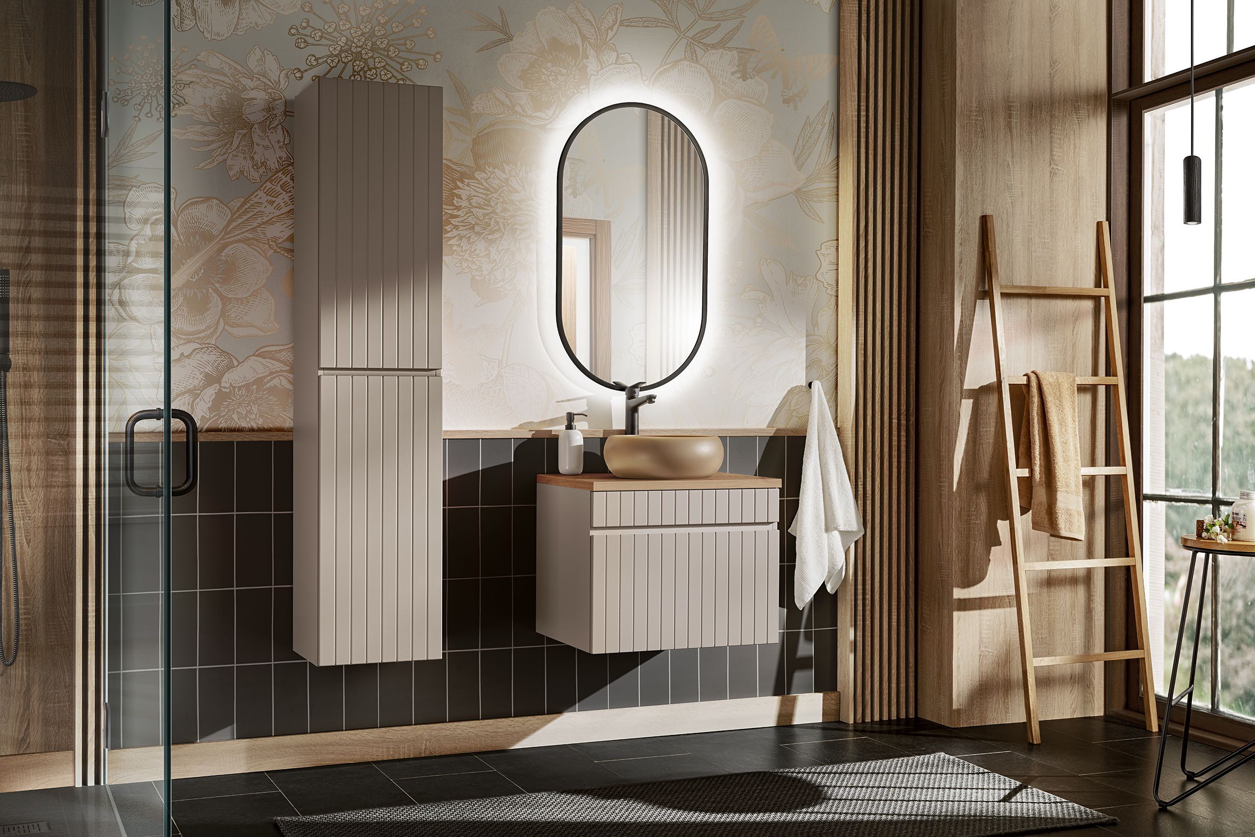 Set Spiegel Comad Apollo LUSTRO APOLLO BLACK, Kabinett Comad Iconic Cashmere ICONIC CASHMERE 80-01-D-2D, ICONIC CASHMERE 82-60-D-1S, UN-WIKI-MC, BLAT 89-60-A OAK COAST EVOKE