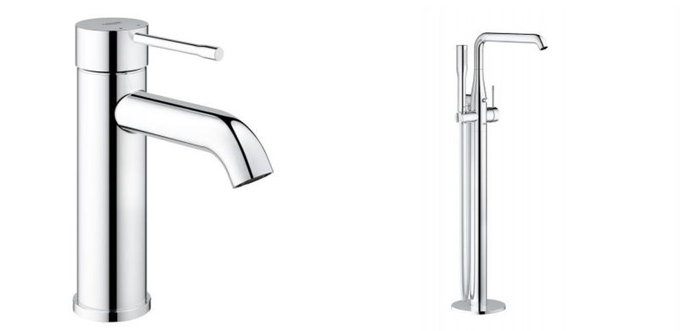 Set Badewannen- und Duscharmatur Grohe Essence 23491001, Bodenbefestigungselement Grohe 45984001, 23590001