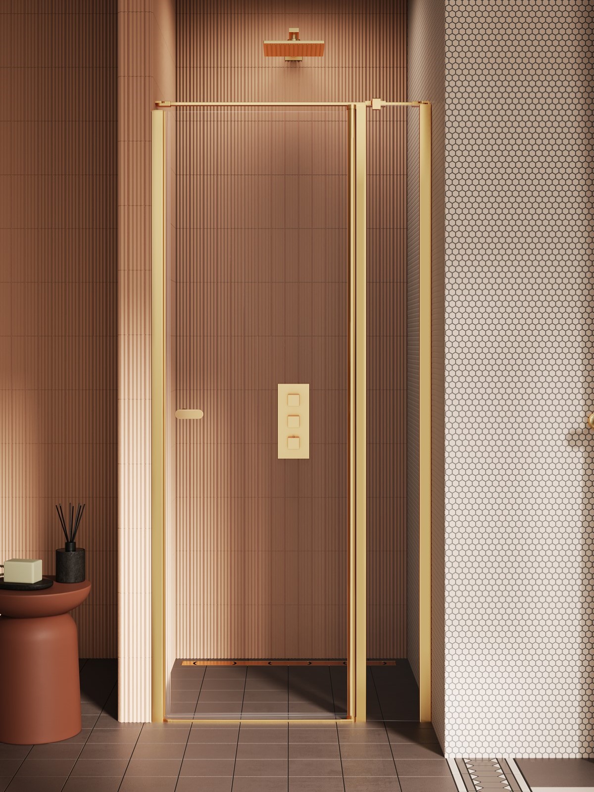 New Trendy New Soleo Duschtüren 90 cm aufklappbar gold gebürstet/durchsichtiges Glas D-0771A-WK