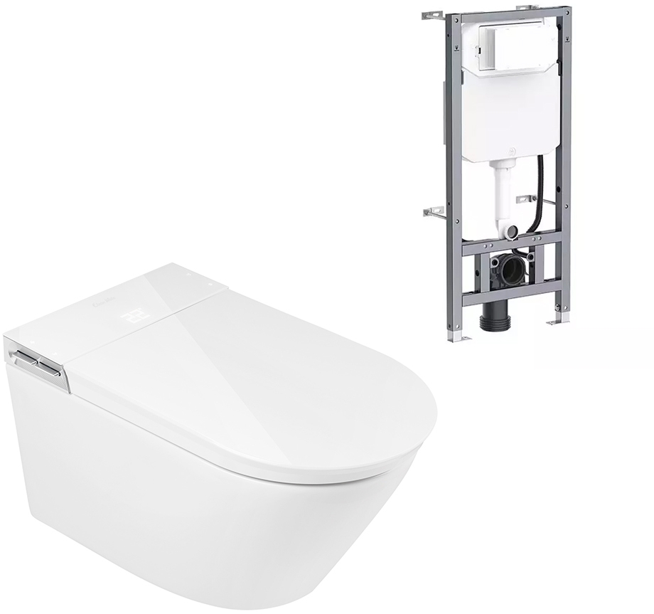Clean Wave Breeze Dusch-WC mit Vorwandelement und Betätigungsplatte hängend ohne Kragen mit Wirbelspülung weiß B700SET