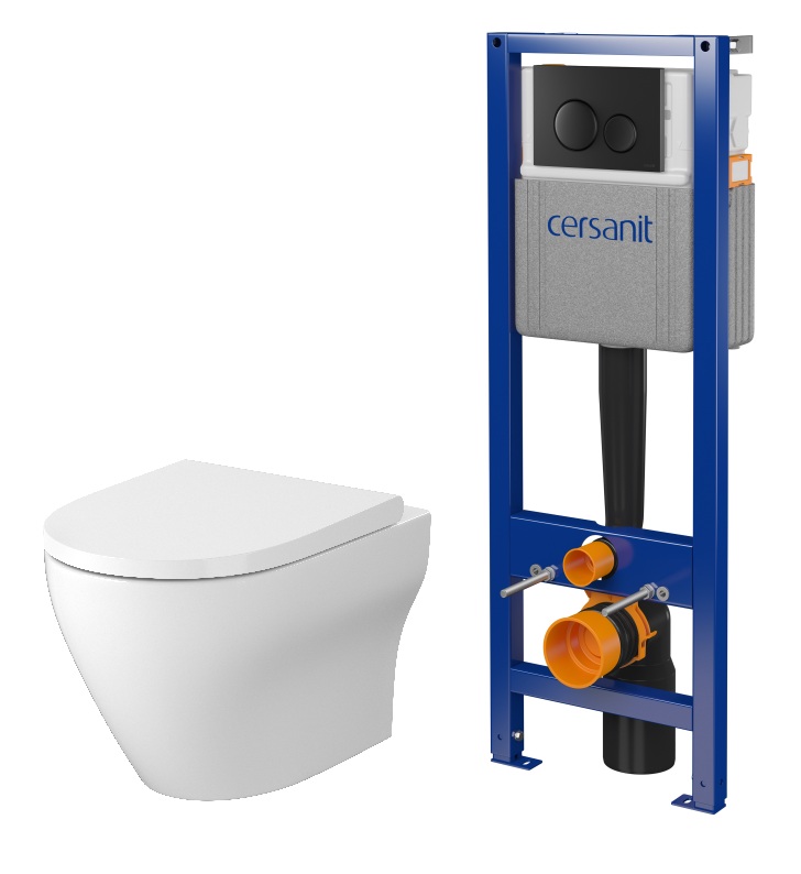 Set WC-Becken mit Absenkautomatik-Sitz Cersanit Larga S701-885, Verdeckter Rahmen mit Betätigungsplatte Cersanit S701-779