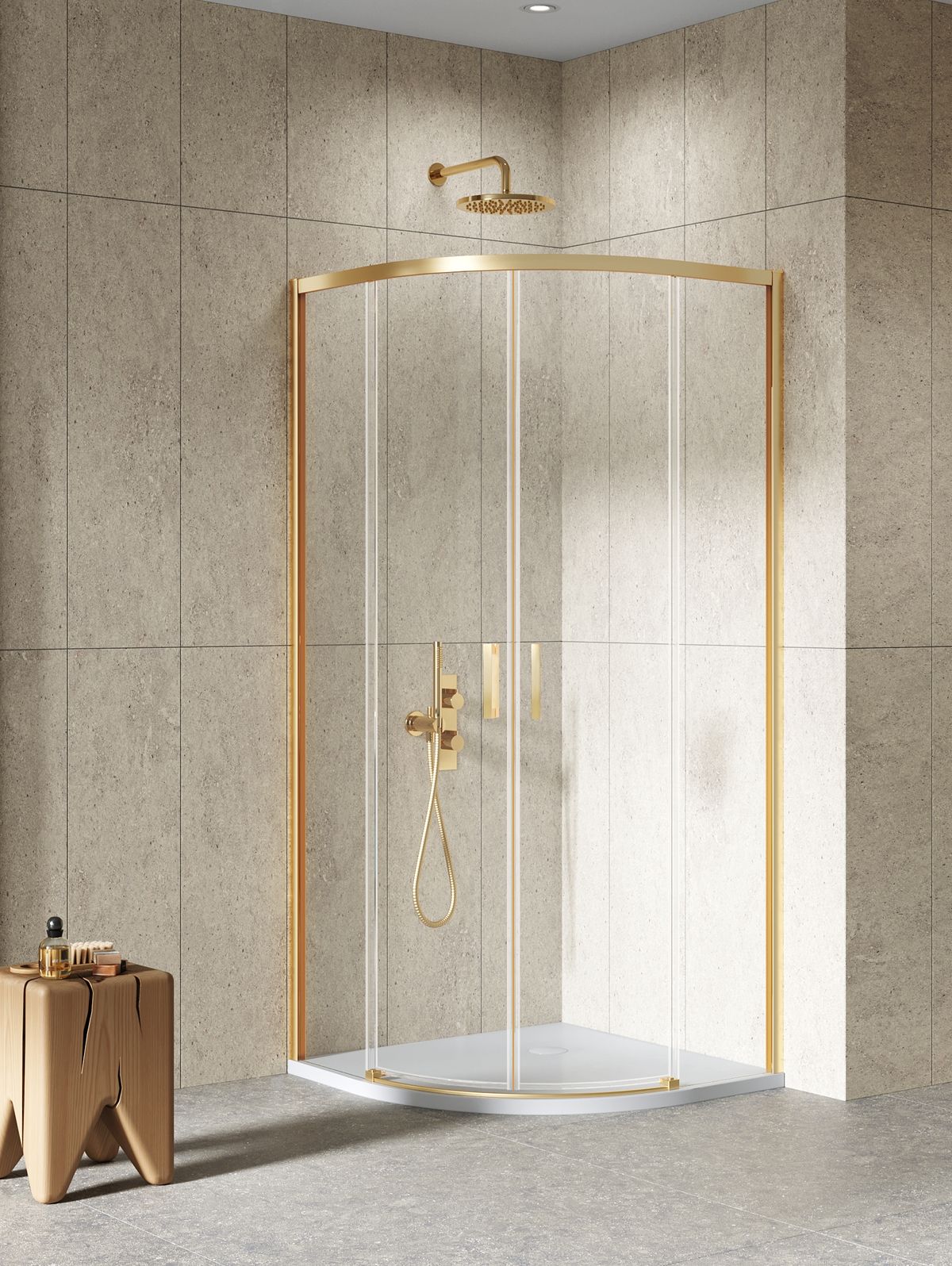 New Trendy Prime Gold Brushed Dusche 90x90 cm halbrund gold gebürstet/durchsichtiges Glas K-3589