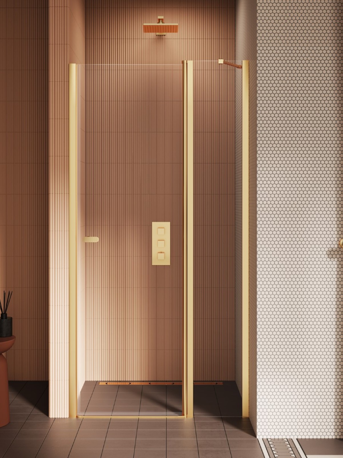 New Trendy New Soleo Duschtüren 110 cm aufklappbar gold gebürstet/durchsichtiges Glas D-0773A