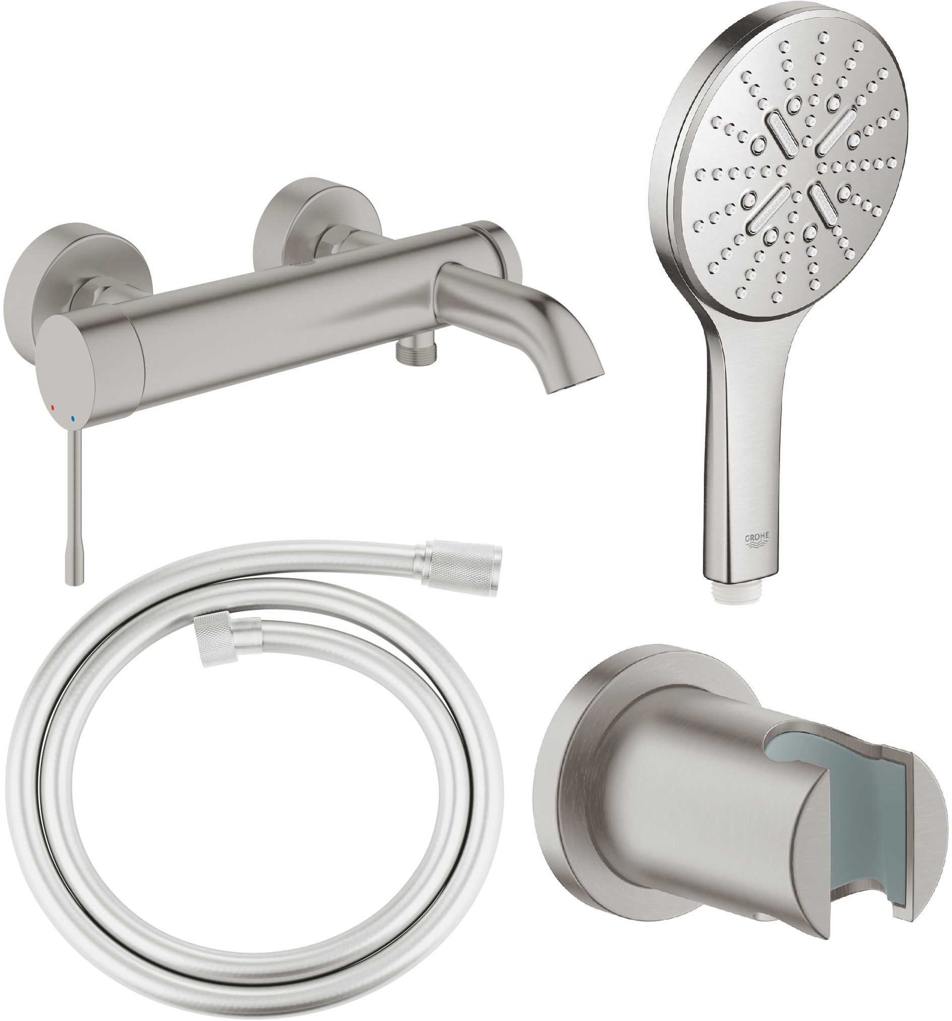 Set Badewannen- und Duscharmatur Grohe Essence 33624DC1, Handbrause Grohe Rainshower SmartActive 130 26574DC0, 27074DC0, 28362DC1