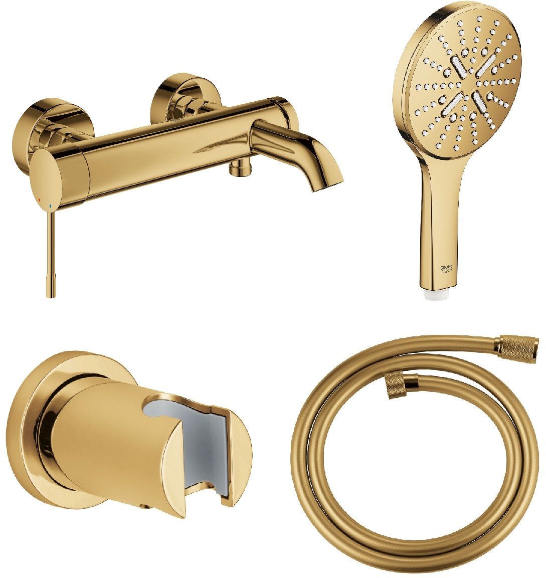 Set Badewannen- und Duscharmatur Grohe Essence 33624GL1, Handbrause Grohe Rainshower 26574GL0, 27074GL0, 28362GL1
