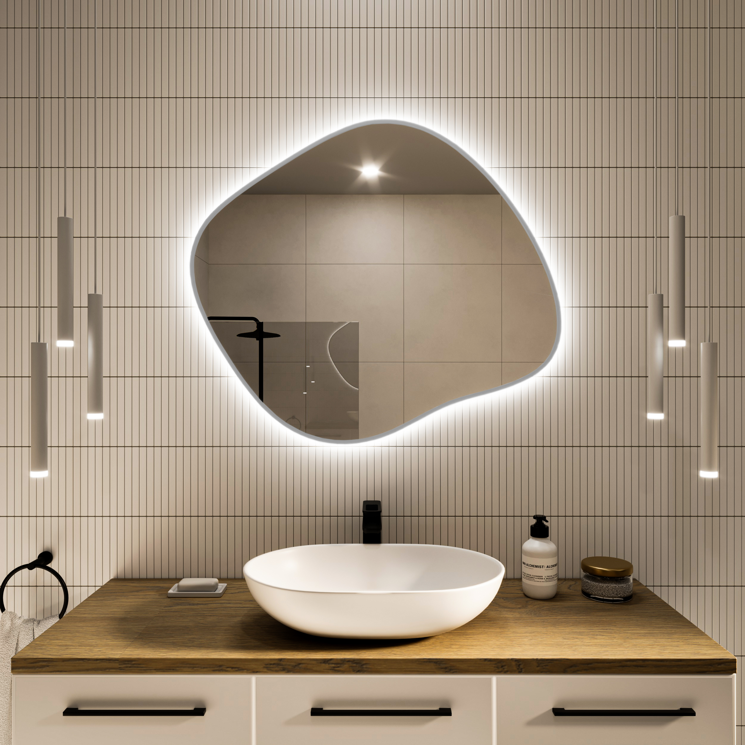 Baltica Design Tiny Borderbright Stain III Spiegel 70x60 cm mit Beleuchtung mit Spiegelheizung silber 5904107917788