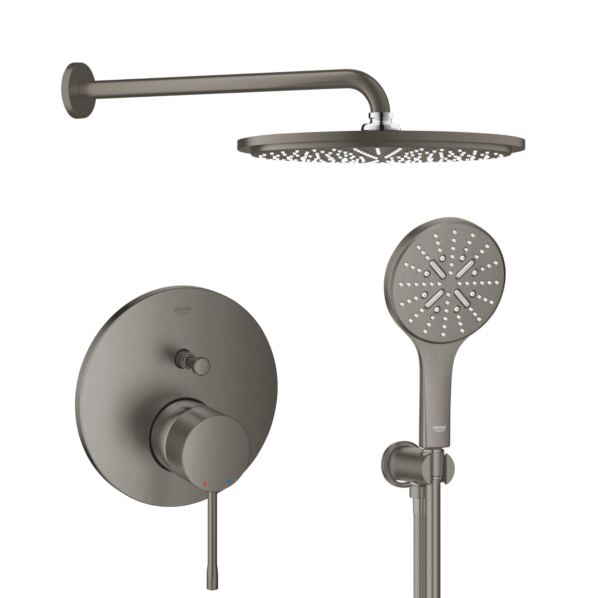 Set Kopfbrause mit Arm Grohe Rainshower 26066AL0, Badewannen- und Duscharmatur Grohe Essence 24058AL1, 26574AL0, 26658AL0, 28362A01