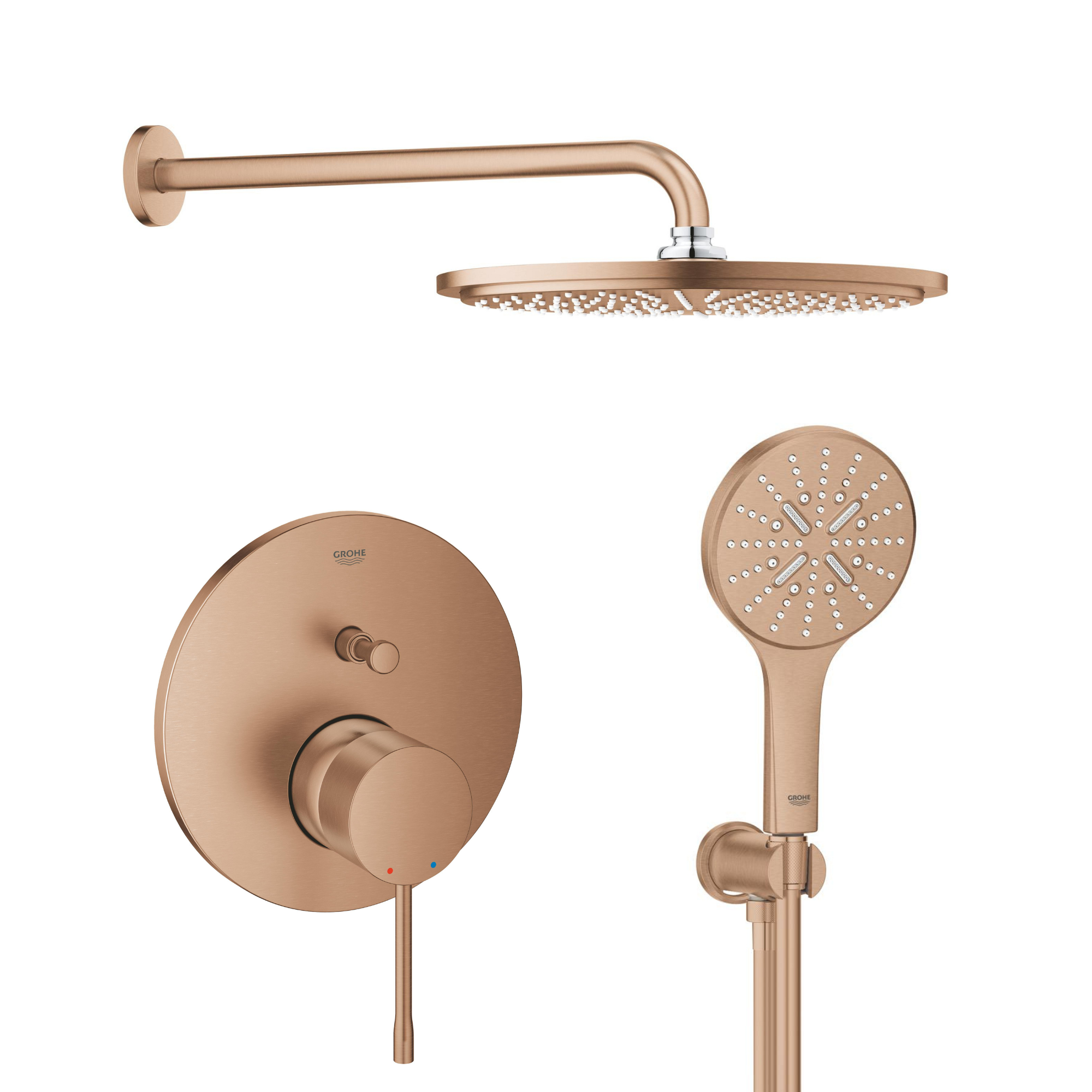Set Kopfbrause mit Arm Grohe Rainshower 26066DL0, Badewannen- und Duscharmatur Grohe Essence 24058DL1, 26574DL0, 26658DL0, 28388DA1