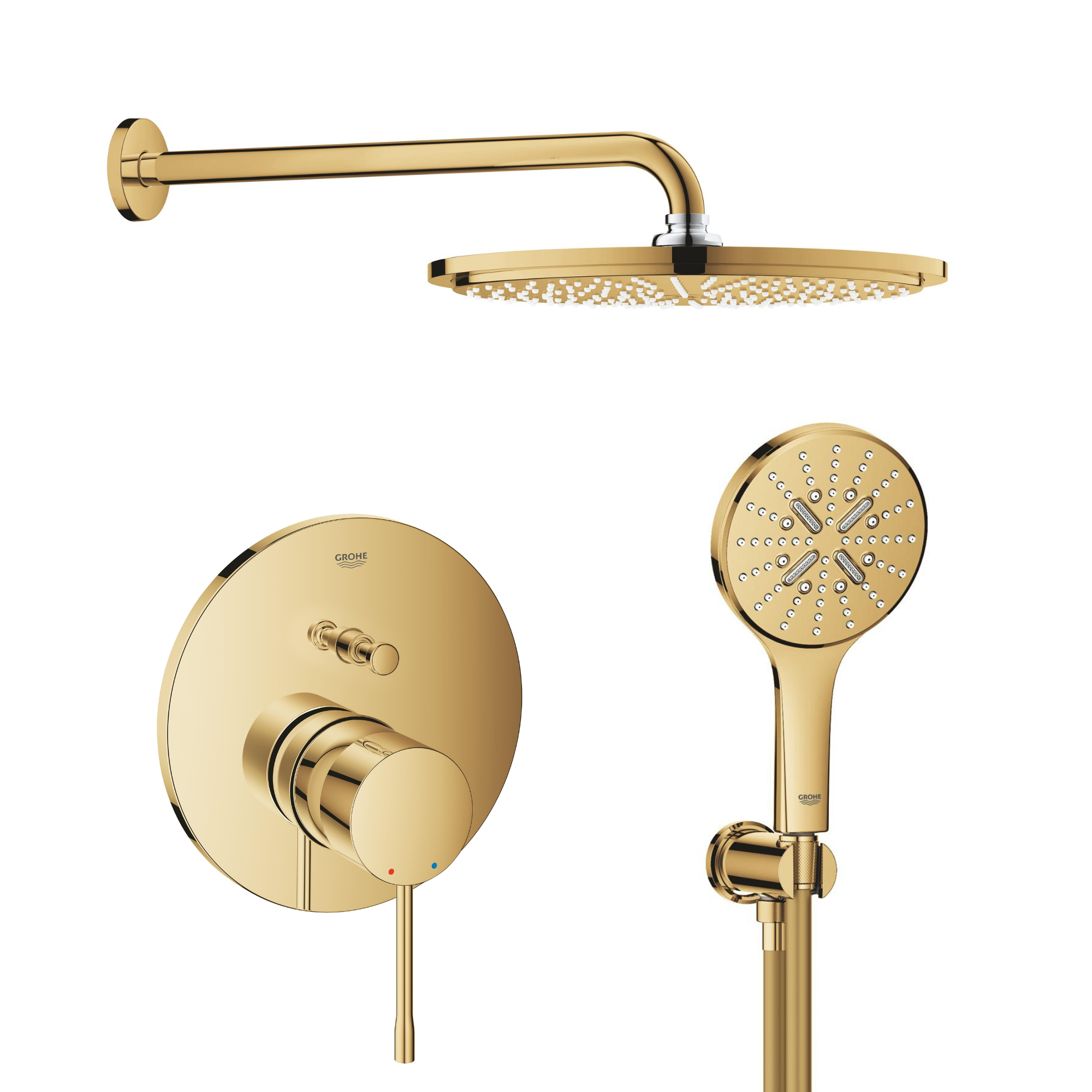 Set Kopfbrause Grohe Rainshower 26066GL0, Badewannen- und Duscharmatur Grohe Essence 24058GL1, 26574GL0, 26658GL0, 28362GL1